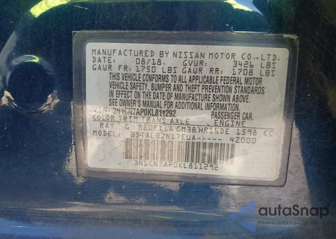 2019 Nissan Versa 1.6 Sv z USA, uszkodzony, nr VIN 3N1CN7AP0KL811292